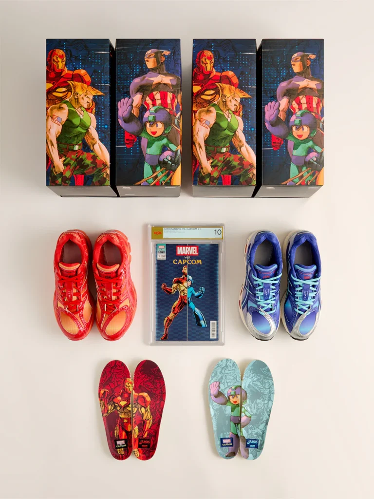 Shibuya PARCO ASICS x Kith installation showcasing oversized shoebox for Marvel vs Capcom pack launch