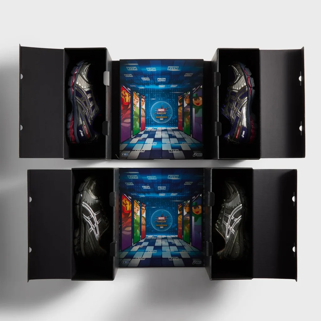 Double-box packaging for Marvel vs Capcom matchups, co-branded by ASICS and Kith