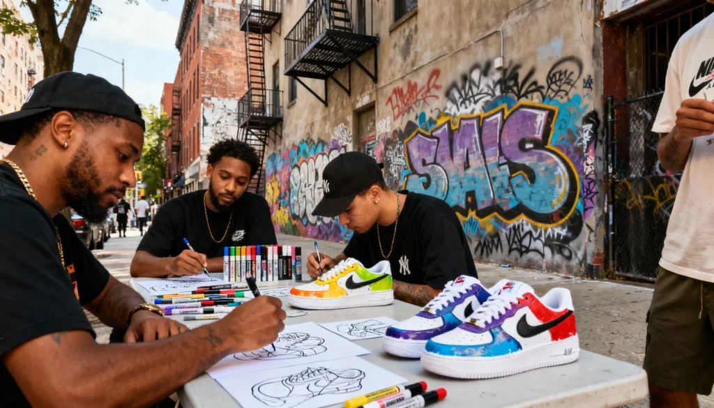 “Diverse group of sneaker artists customizing Air Force 1s outdoors in NYC, with paint bottles, brushes, and partially completed sneakers on a table, surrounded by urban street murals and brick buildings.”