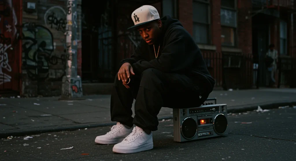 “NYC hip-hop artist performing on a street corner wearing white Air Force 1 sneakers, graffiti walls and boombox in the background, capturing late 90s urban hip-hop culture.”