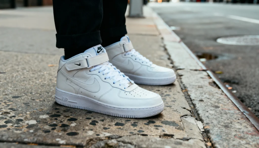 “Person wearing clean all-white Nike Air Force 1 ‘Uptowns’ on a New York City sidewalk with brick buildings and subway entrance in the background, showcasing street-style culture.”