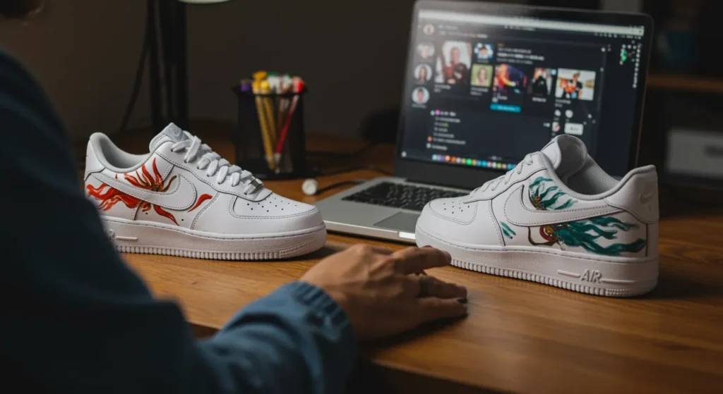 “Workspace showing a laptop and smartphone with social media feeds of custom Air Force 1s, surrounded by hand-painted sneakers, brushes, and LED lighting, illustrating online sneaker culture.”