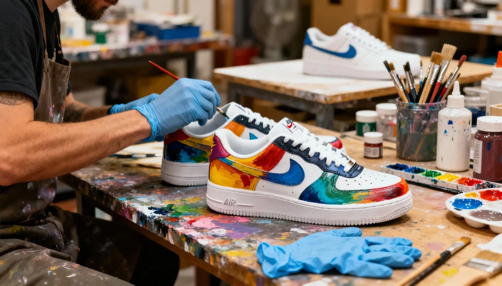 “Busy sneaker customization studio with artists painting Air Force 1s, shelves filled with finished custom sneakers, and laptop showing online orders, representing the global custom sneaker business.”